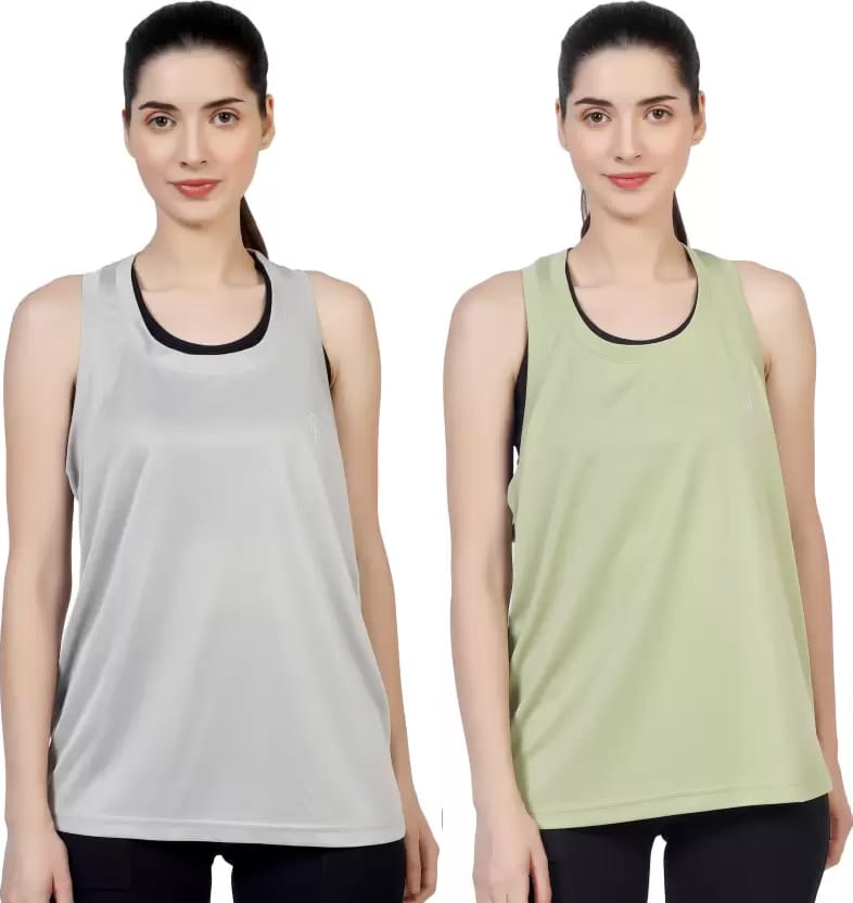 BlueFicus Combo of 2 Women's cotton Tank Top Camisole Solid Plain Sports Summer Gym Workout ( Green & Grey)