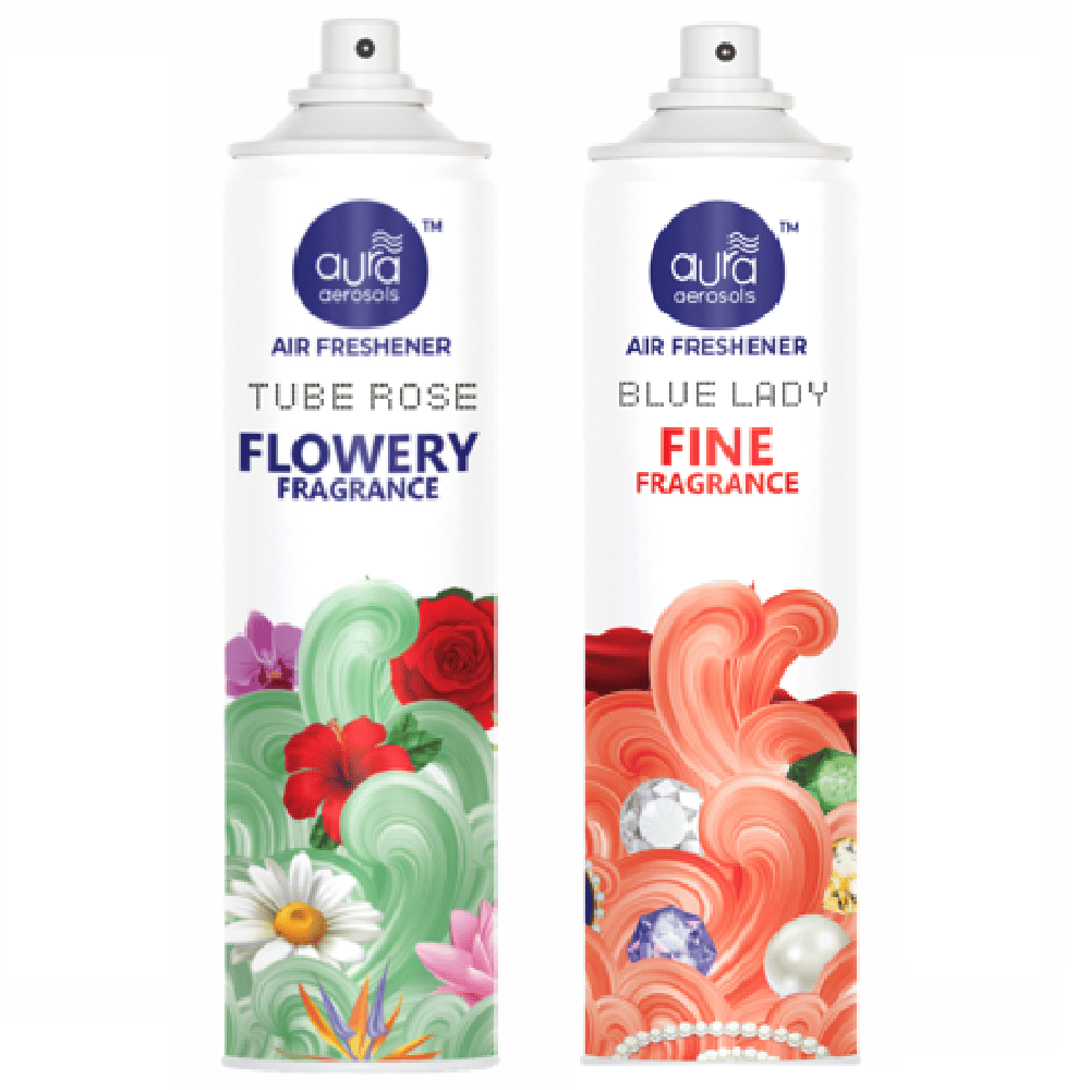 Aura Aerosols Air Freshener 300ml (Pack of 2) - Tube Rose & Blue Lady