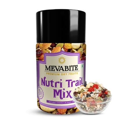 MEVABITE Nutri Superfood Healthy Trail Mix 200g - Mixed Roasted Almond, Seeds Flax, Pumpkin, Sunflower | Dried Black Currant, Cashew, Cranberries with Black Raisins and Cherry | Healthy Snack