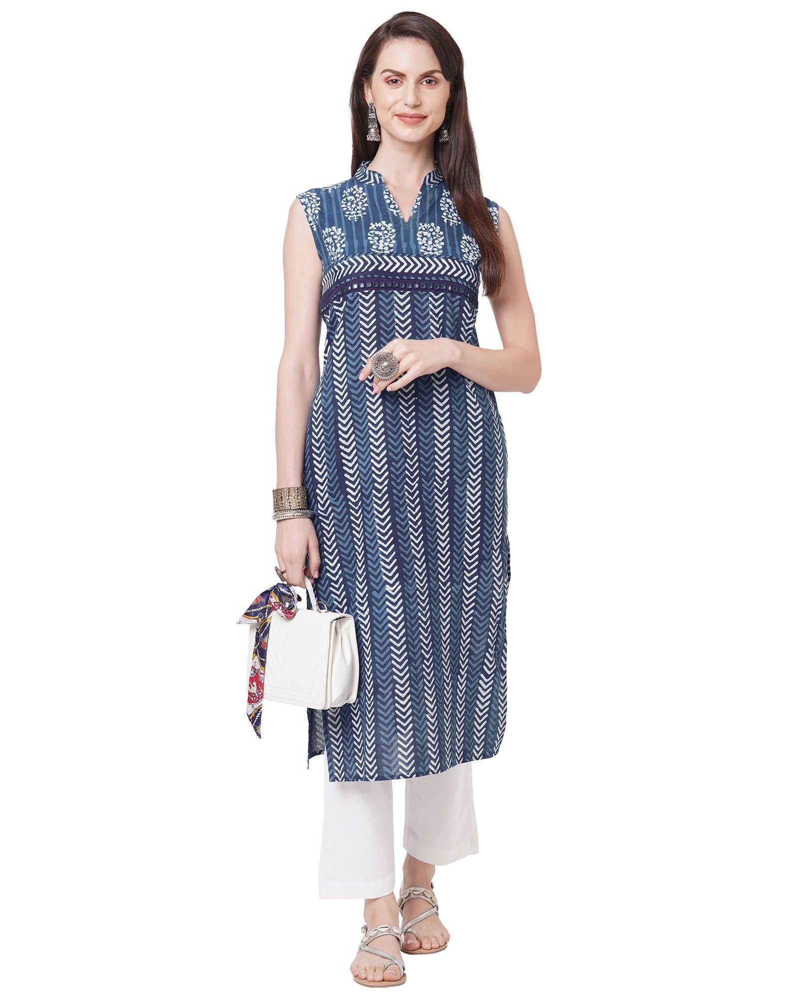 Indigo floral mirror work pure cotton kurta