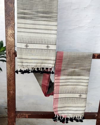 Grey White Handloom Cotton Stole With Tassel