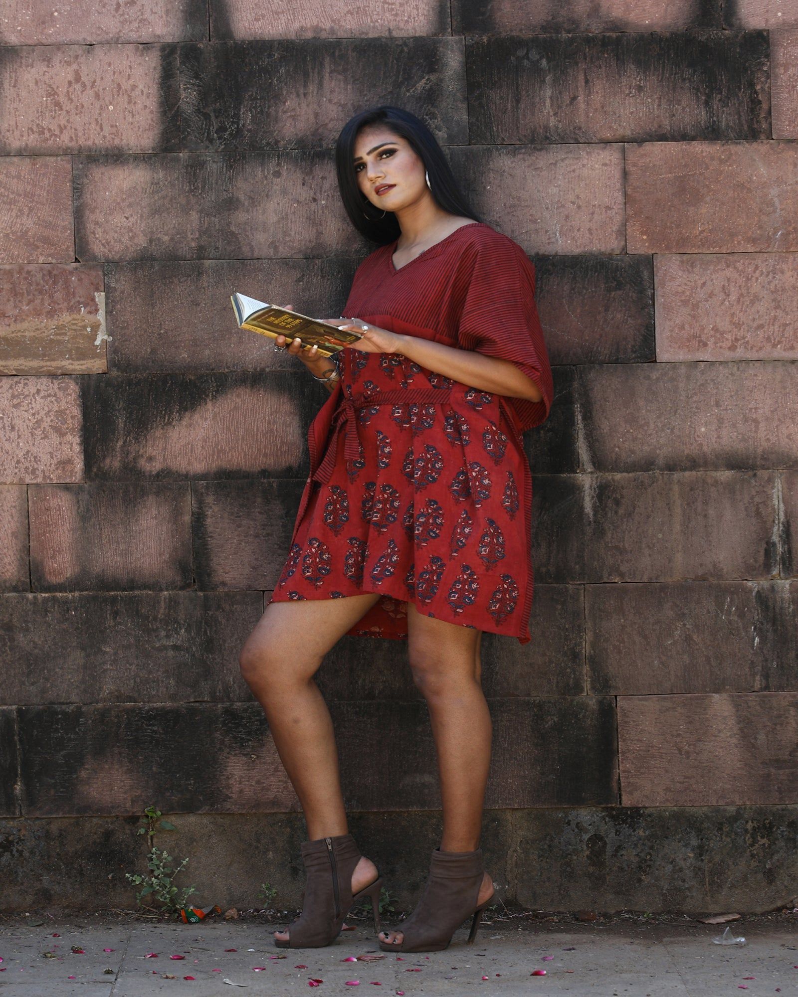 Red Handwoven Cotton Linen Short Handprinted Caftan