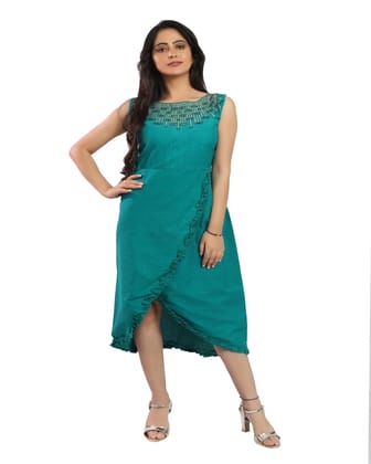 Emerald Green Handwoven cotton Hand Embroidered Tunic Dress