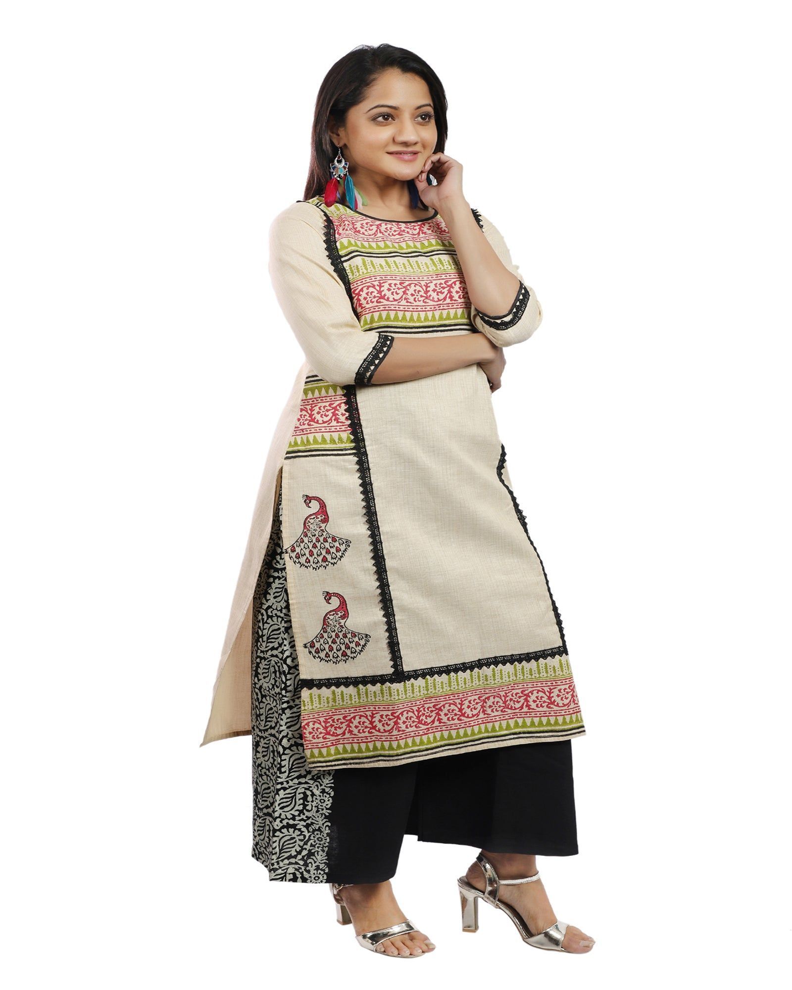 Creame Handloom Cotton  Block Printed Casual Kurta