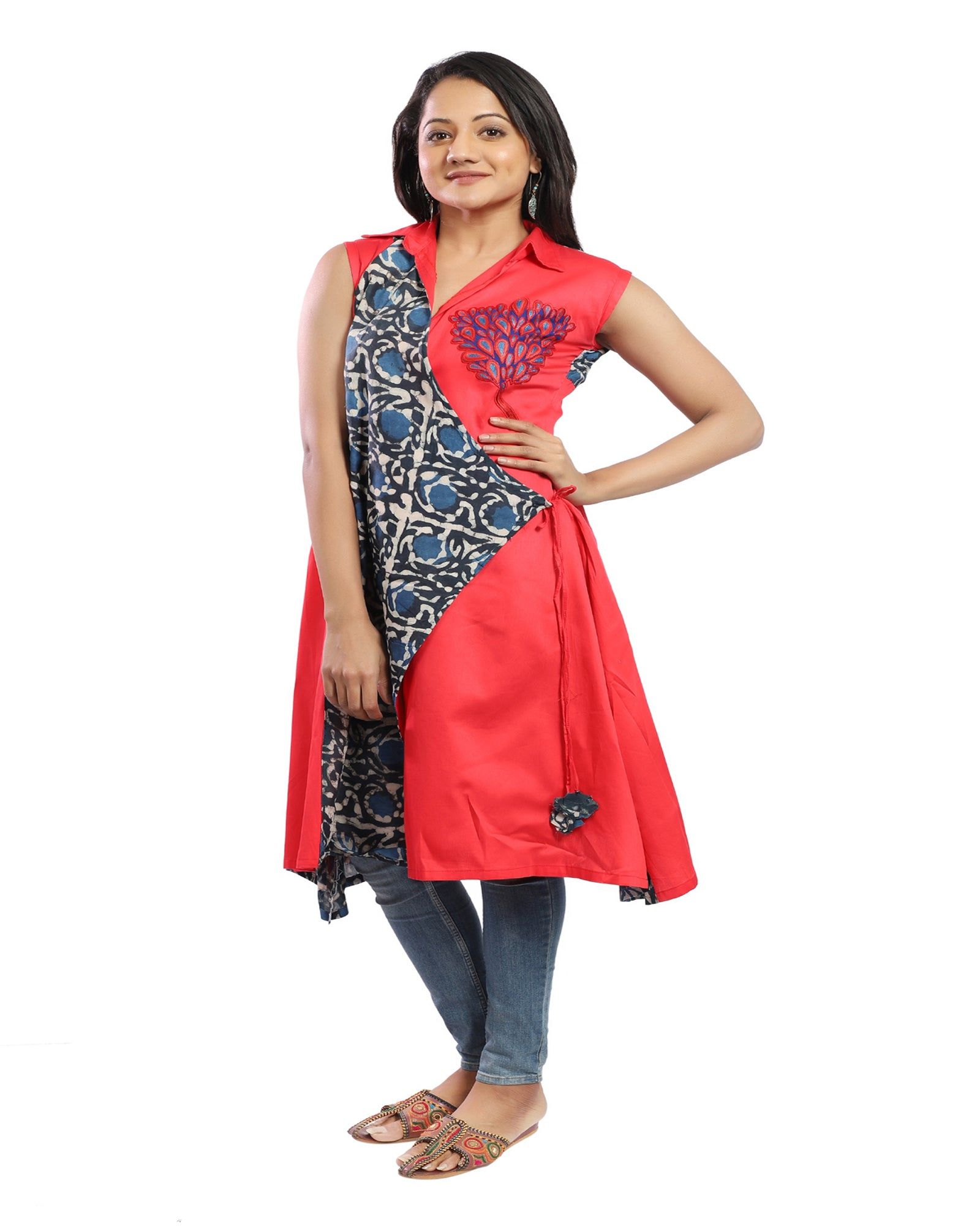 Cotton Silk Pink Overlapping Kurta with Batik Detailing