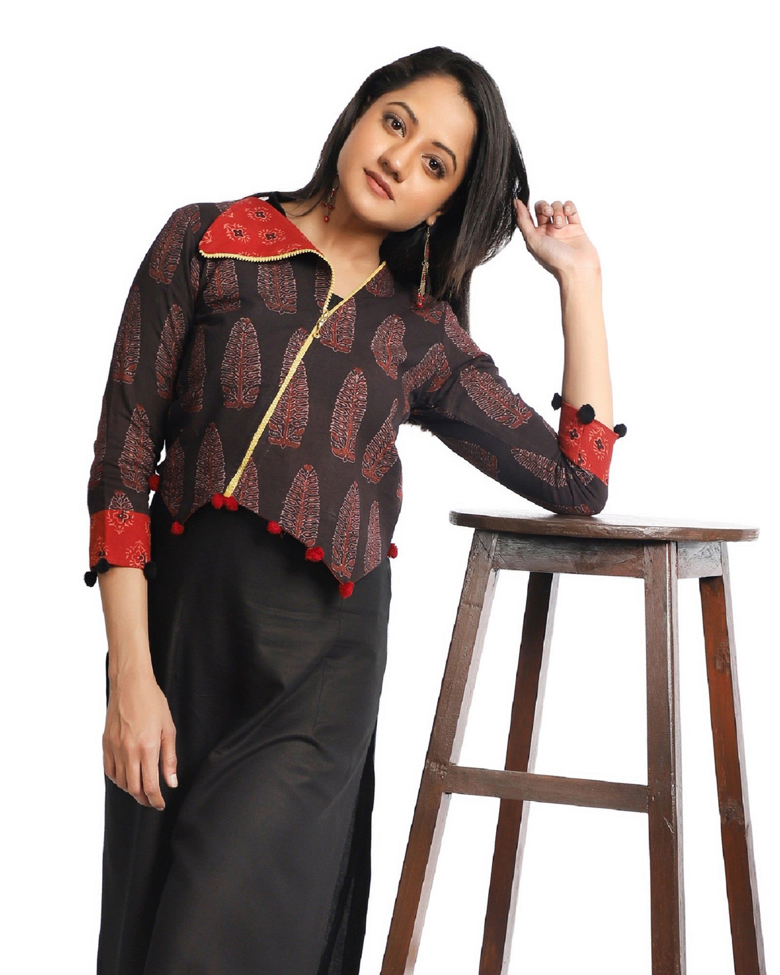 Black Red Boho Printed Cotton Jacket