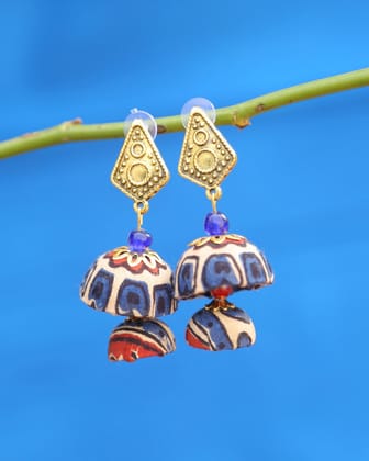 Cream Indigo red double Jhumka earrings