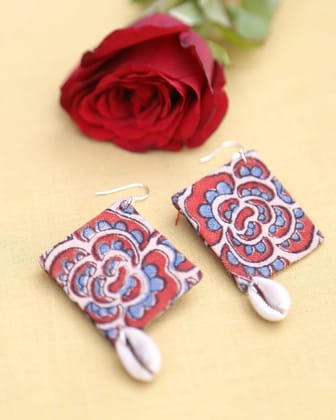 Blue Red Rose Rosette Handcrafted Dangler Earring