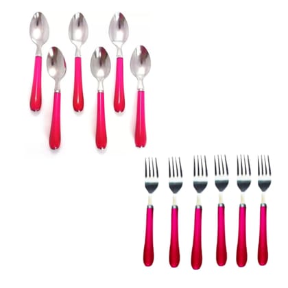 Qawvler 6 Spoons & 6 Forks Pink Handle Stainless Steel Spoon Set