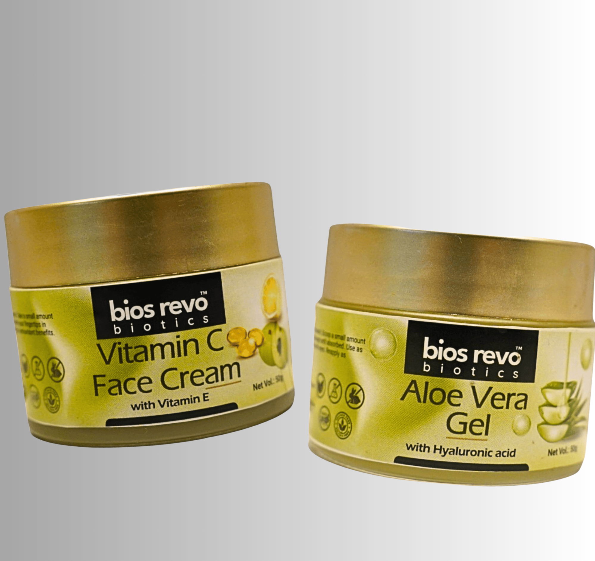 Bios Revo Biotics Aloe Vera Gel with Hyaluronic 50g & Vitamin C Face Cream 50g, Fades Pigmentation & Dark Spots, Reduces Skin Dullness, Oil Free & Lightweight, combo (2) 100 g