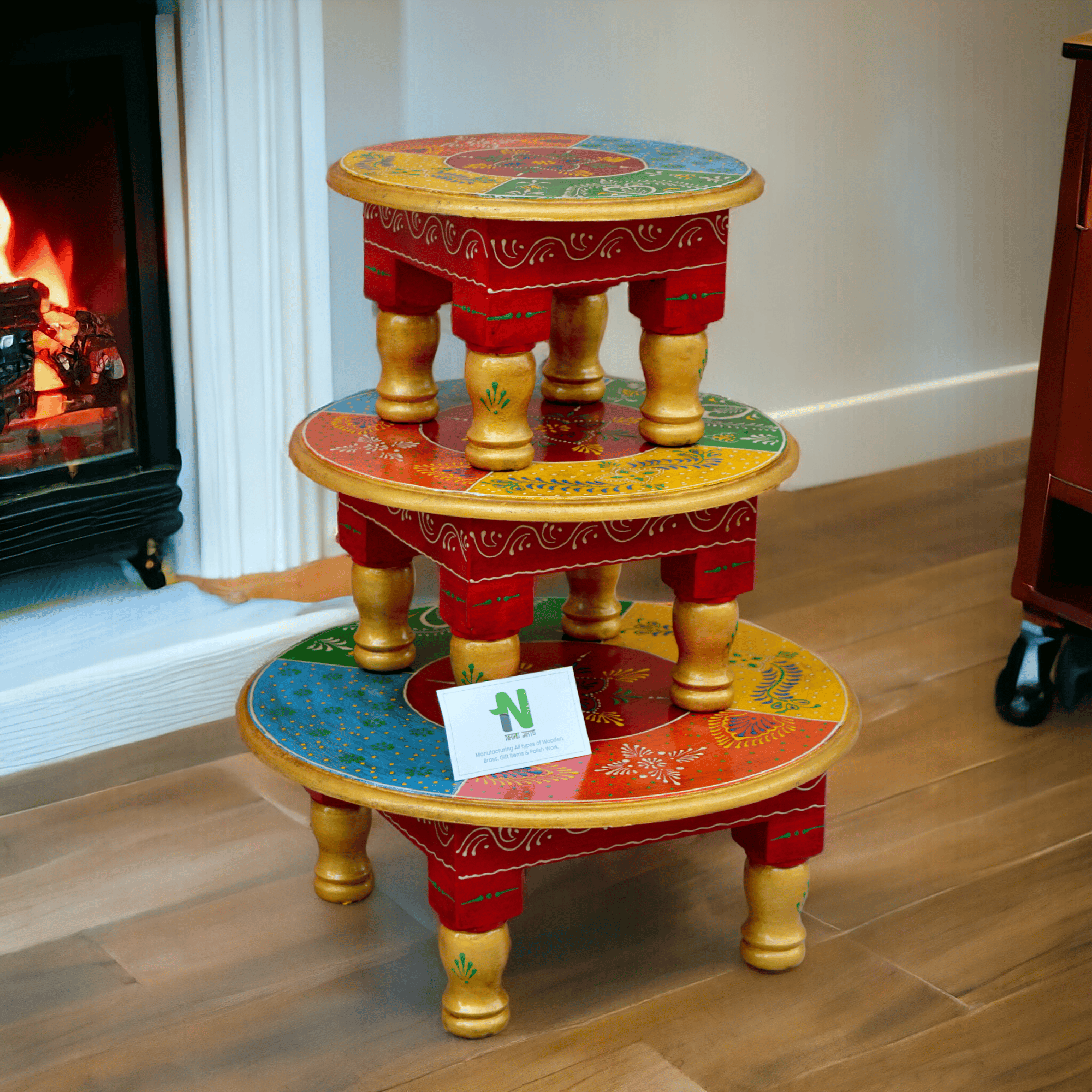 Pooja chowki / round shape / hand painted / set of 3 stool / bajot / round bajot / ( set of 3 pcs)