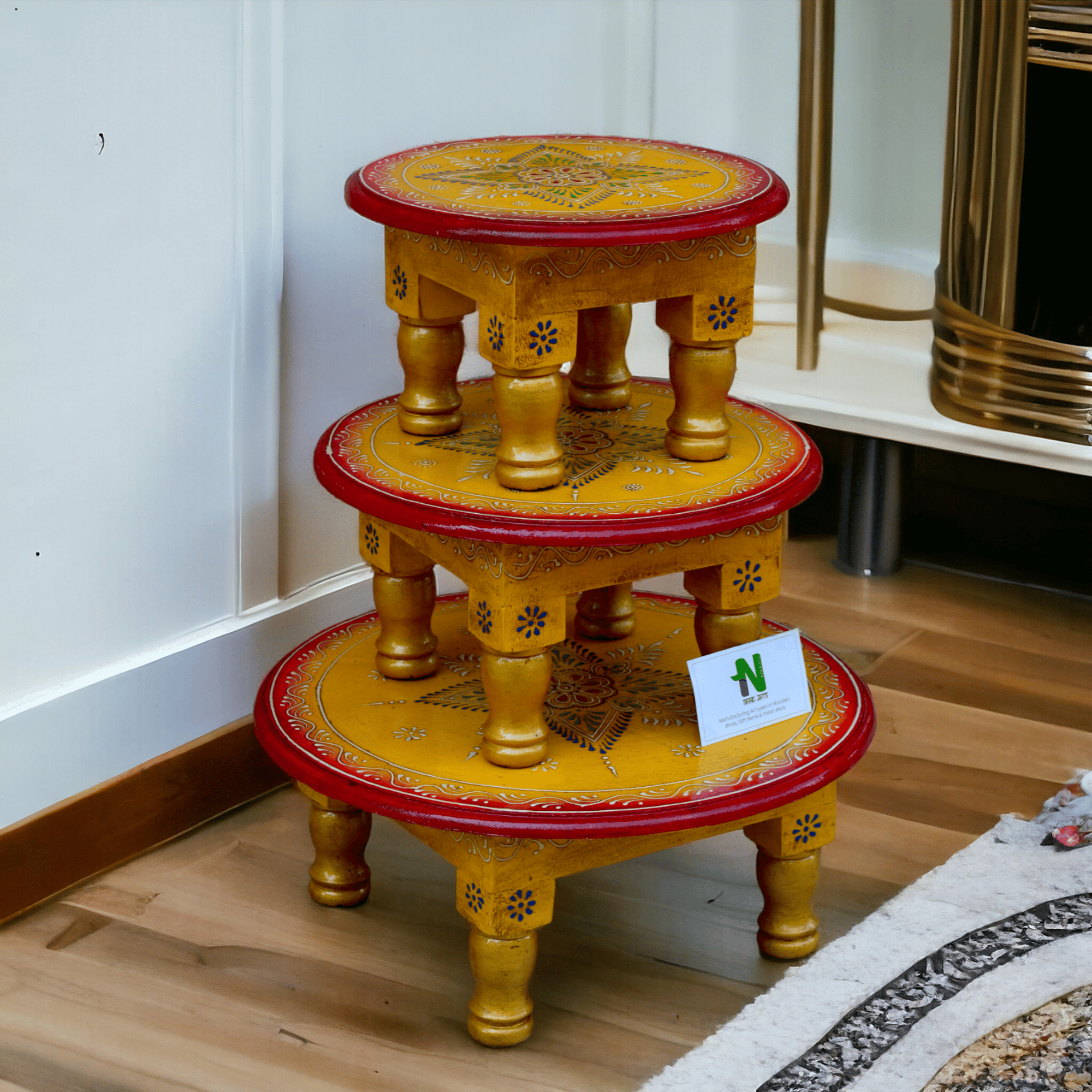 Pooja chowki / round shape / hand painted / set of 3 stool / bajot / round bajot / ( set of 3 pcs)