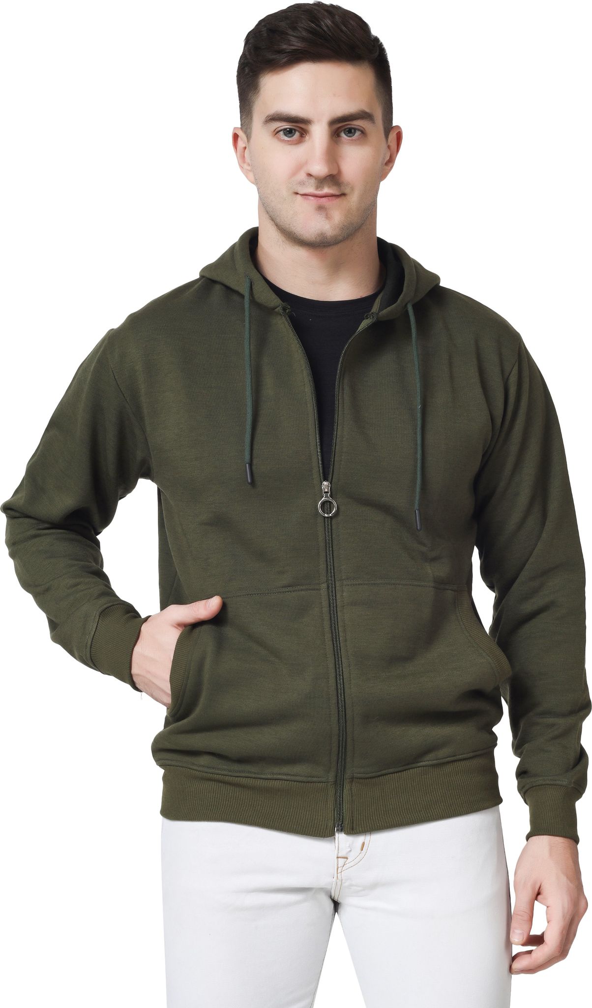 BlueFicus Hoodie for Mens with Cap and Zipper Hooded Sweatshirt Full Sleeves Double Pocket Winter Wear (Olive Green)