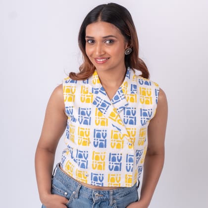 Yellow & Blue Block Printed Crop Top