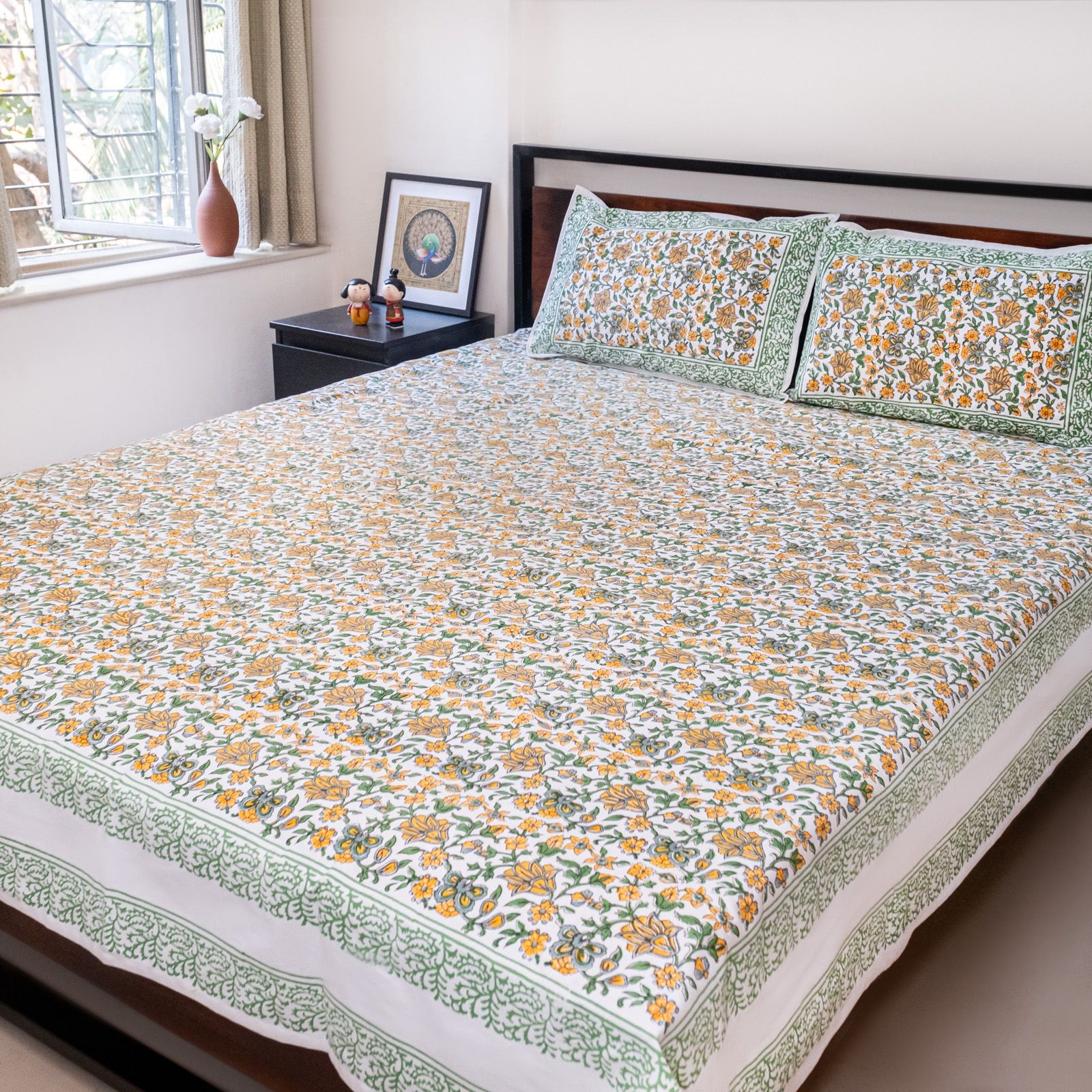 Yellow Floral hand block printed bedsheet