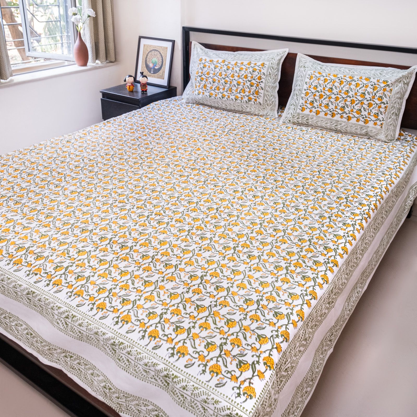 Yellow and Green hand block printed bedsheet