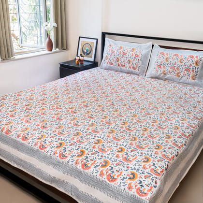 Peach and Grey Floral Block Printed Bedsheet