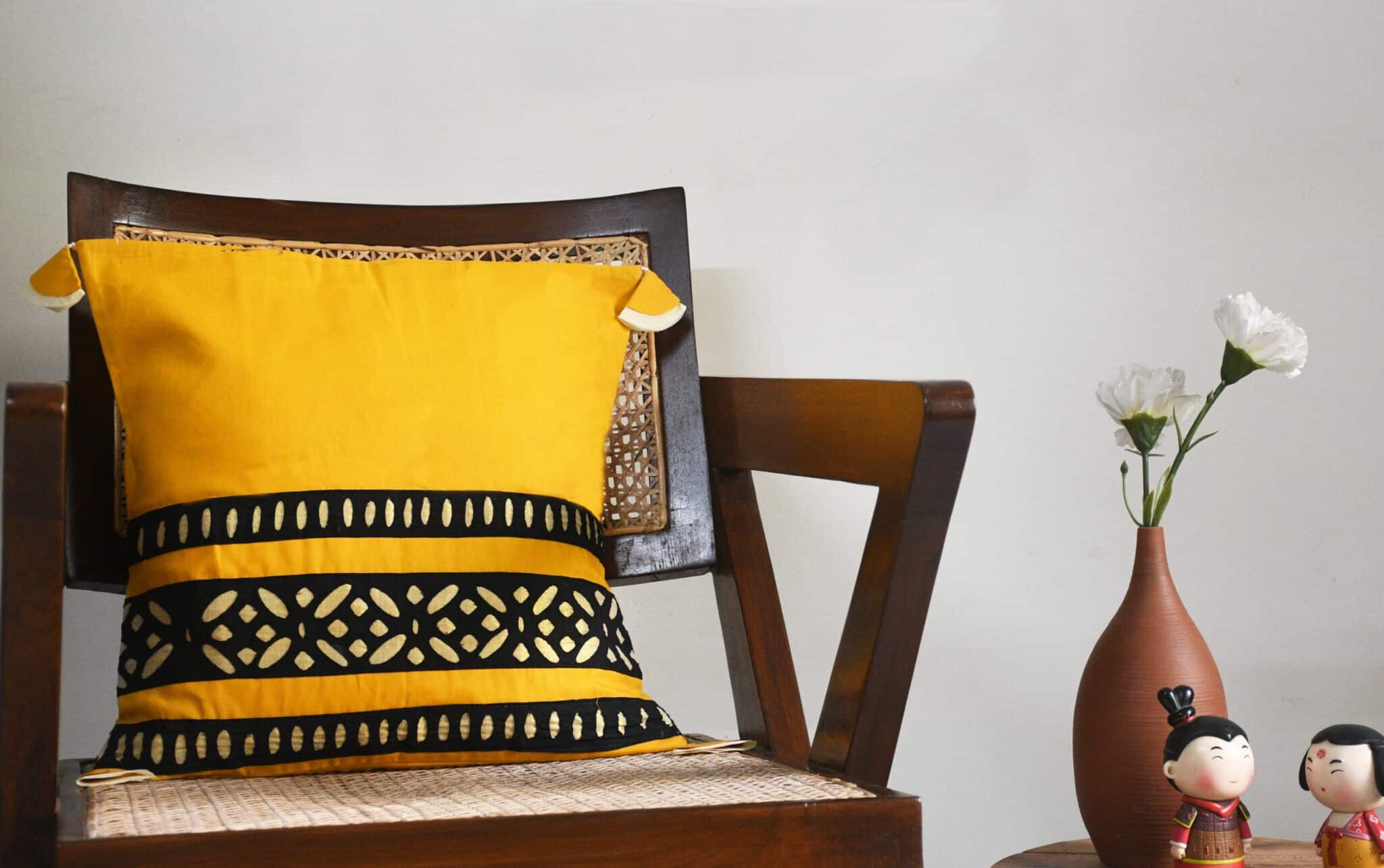 Yellow and Black Applique Cushion Cover