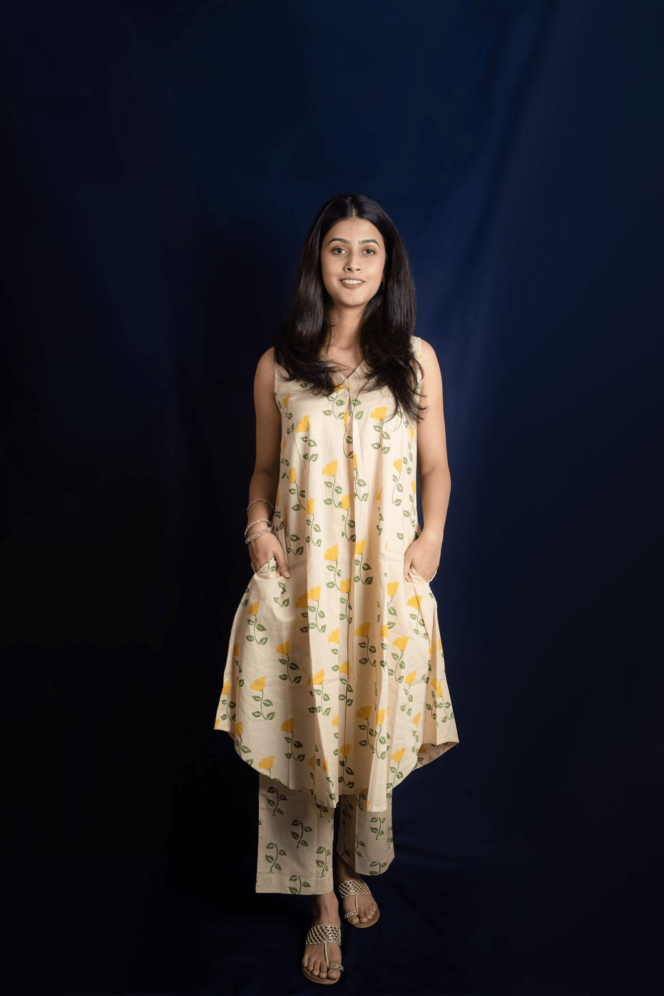 Beige Tulip Block Printed Long Kurti