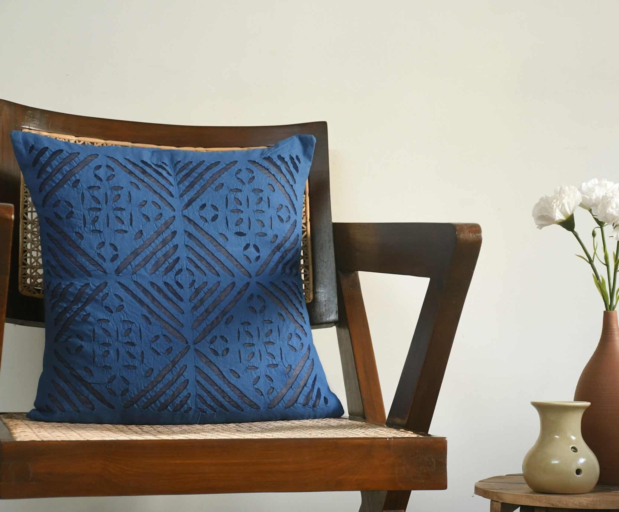 Dark Blue Applique Cushion Cover