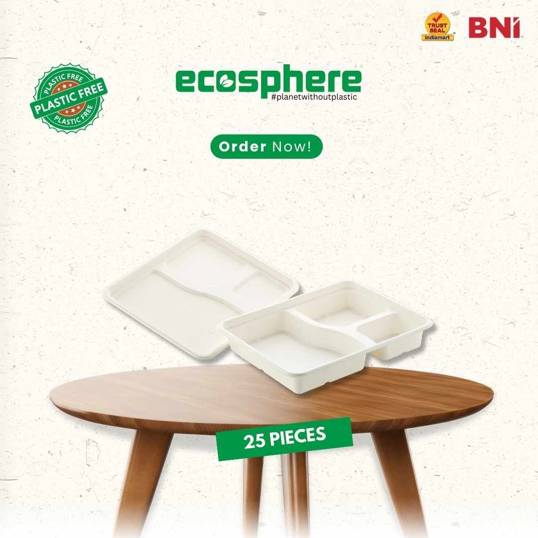 25 pieces Biodegradable Rectangular 3 Compartment Tray with Lid - Natural Disposable | Eco-Friendly & Compostable- 3 cp / 25 pieces