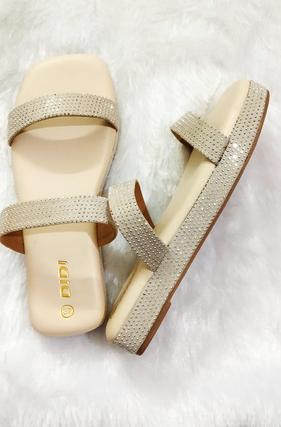 Velvet Vogue Cream Shimmer Platform Sliders