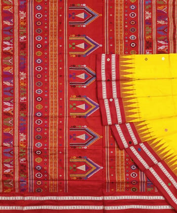 Yellow Red Handwoven Dolabedi Bomkei Silk Saree