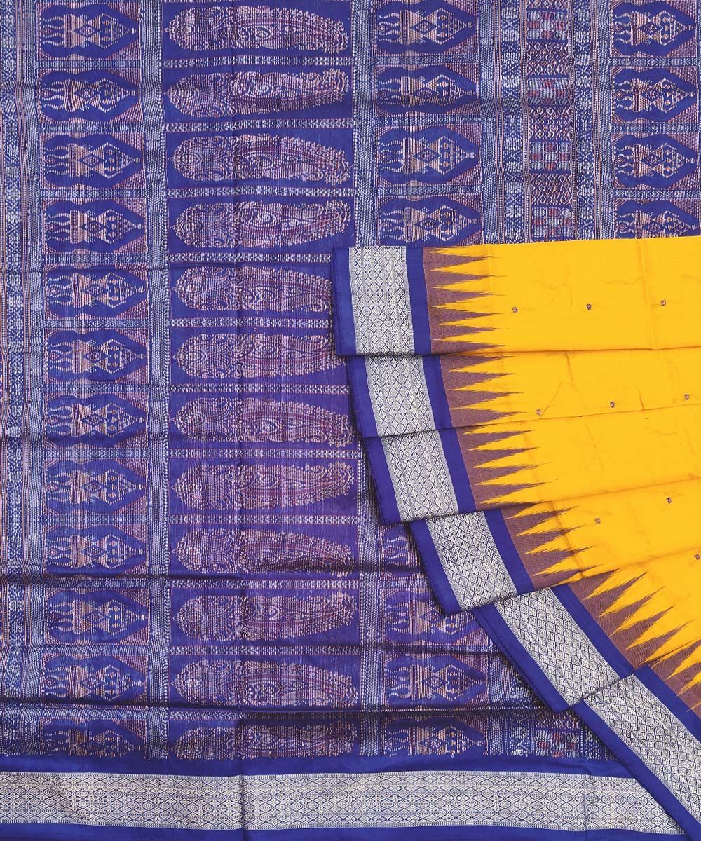 Yellow Blue Handwoven Bomkei Silk Saree