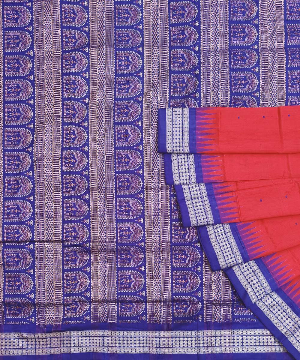 Red Blue Handwoven Bomkei Silk Saree