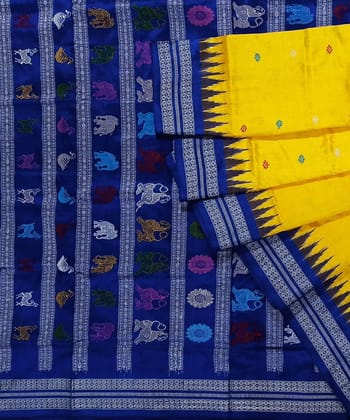 Yellow Blue Handwoven Bomkai Silk Saree