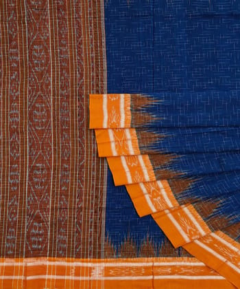 Blue Orange Nuapatna Handwoven Single Ikat Cotton Saree