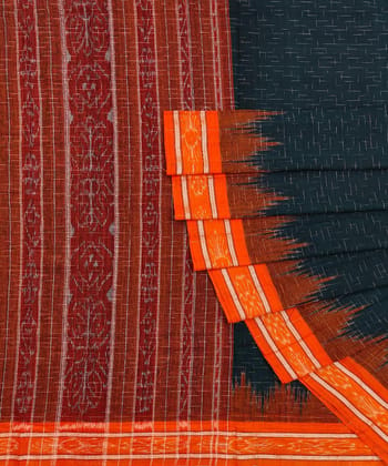 Green Orange Nuapatna Handwoven Single Ikat Cotton Saree