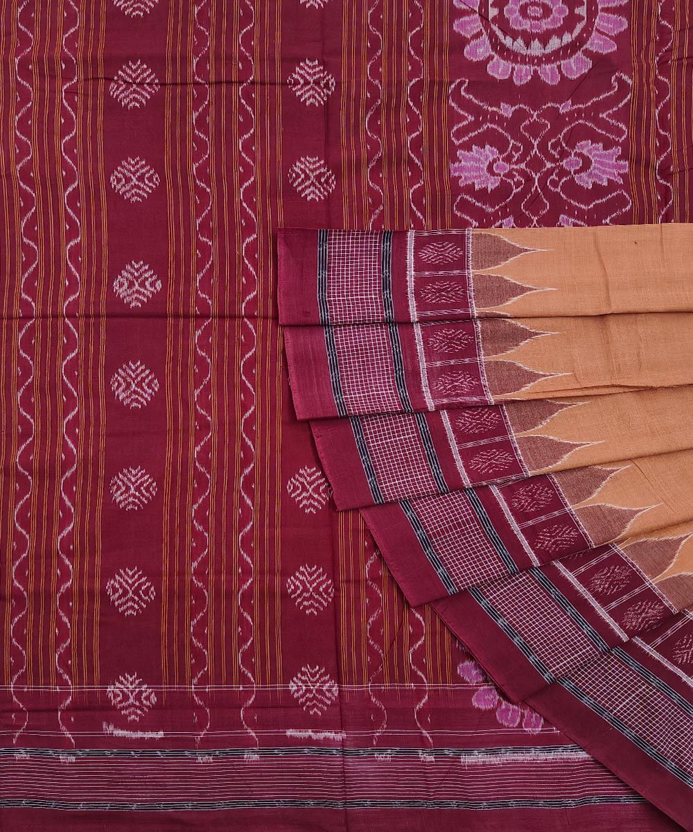 Brown Maroon Sambalpuri Handwoven Single Ikat Cotton Saree