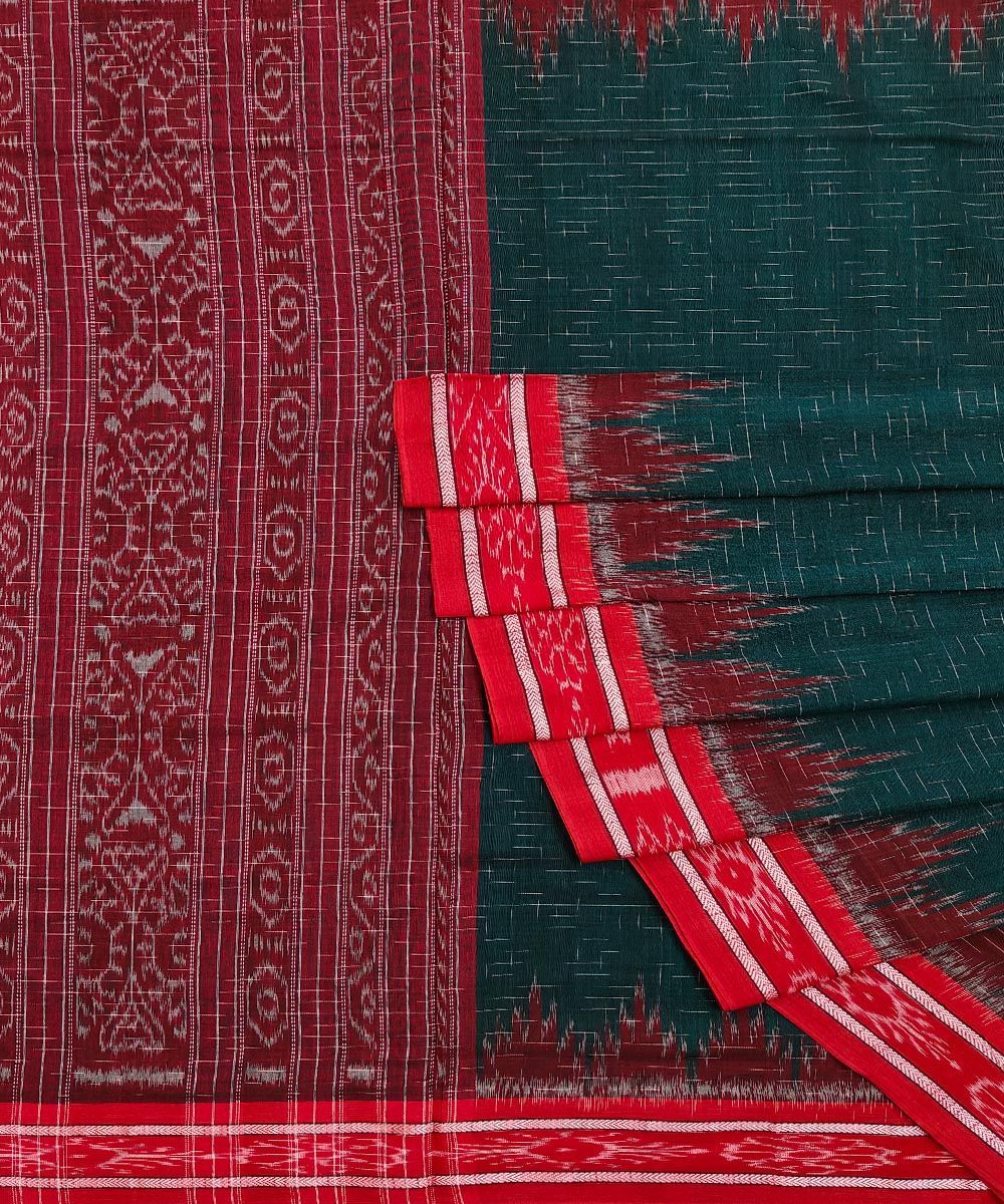 Green Red Nuapatna Handwoven Single Ikat Cotton Saree