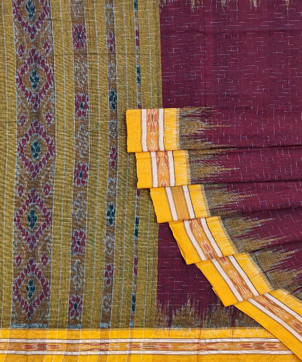 Maroon Yellow Nuapatna Handwoven Single Ikat Cotton Saree SMCSAR1272