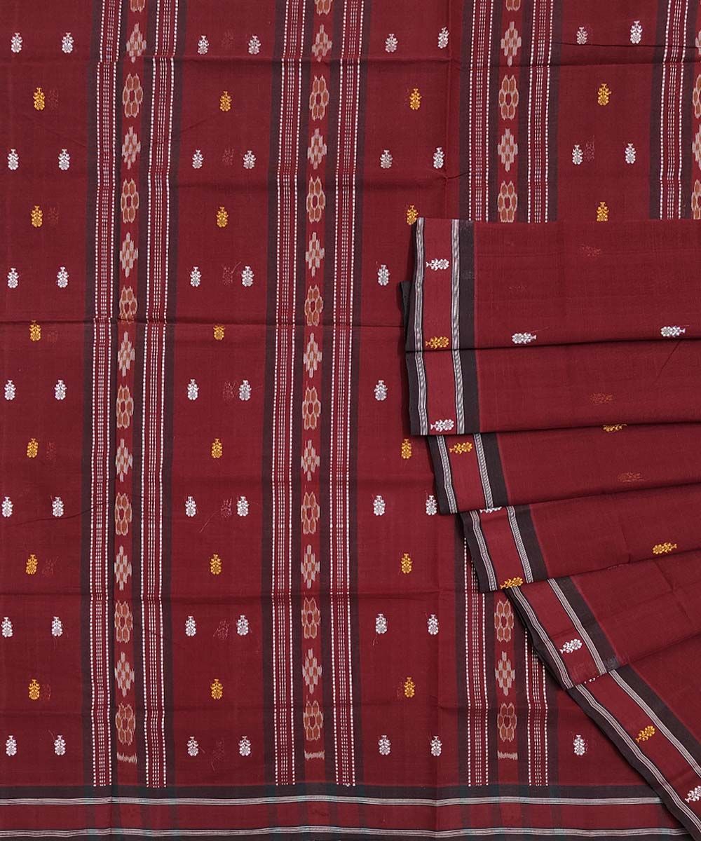 Maroon Black Sambalpuri Handwoven Single Ikat Cotton Saree SFCSAR1370