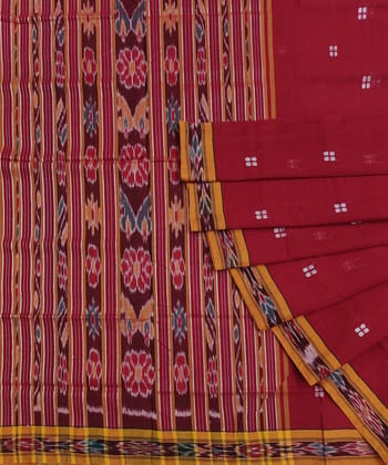 Red Yellow Sambalpuri Handwoven Single Ikat Cotton Saree SFCSAR1366