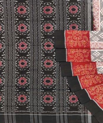 Gray Black Red Sambalpuri Handwoven Single Ikat Cotton Saree