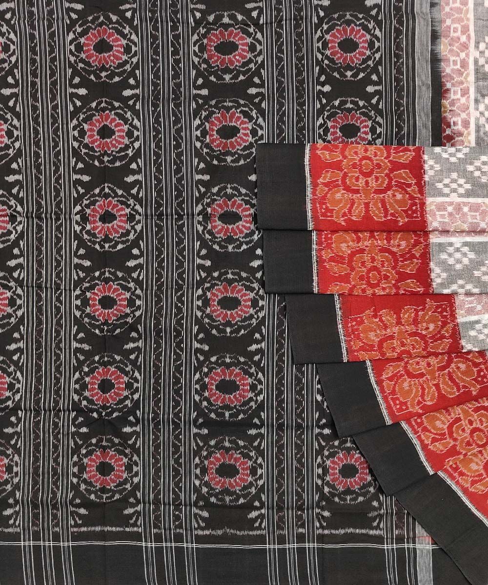 Gray Black Red Sambalpuri Handwoven Single Ikat Cotton Saree SFCSAR1362