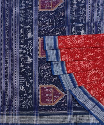 Red Blue Sambalpuri Handwoven Single Ikat Cotton Saree