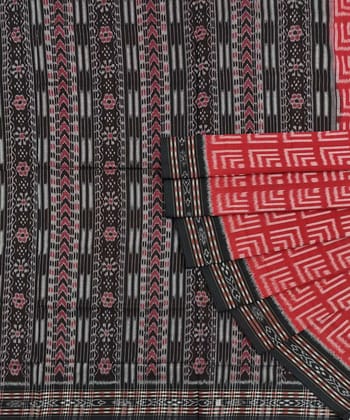 Red Black Sambalpuri Handwoven Single Ikat Cotton Saree