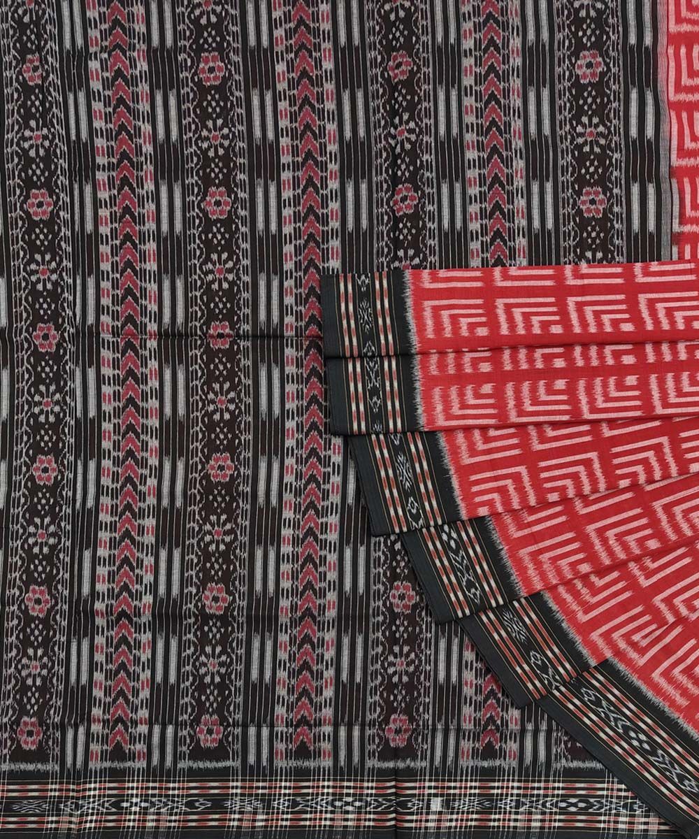 Red Black Sambalpuri Handwoven Single Ikat Cotton Saree SFCSAR1347