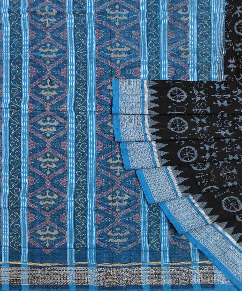 Black Blue Sambalpuri Handwoven Single Ikat Cotton Saree SFCSAR1344