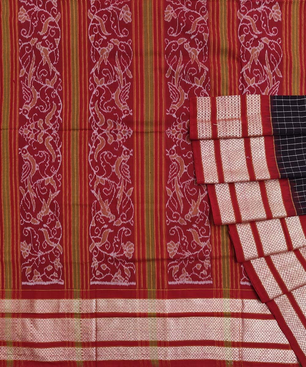 Coffee Red Sambalpuri Handwoven Single Ikat Cotton Saree SFCSAR1338