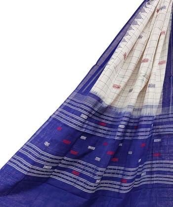 Offwhite Blue Sambalpuri Handwoven Hath Kumbha with Fish Buti Cotton Dupatta