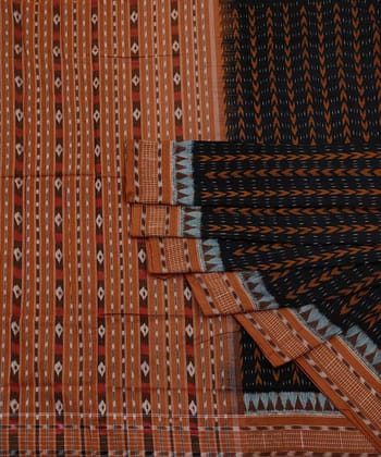 Black Brown Sambalpuri Handwoven Single Ikat Cotton Saree