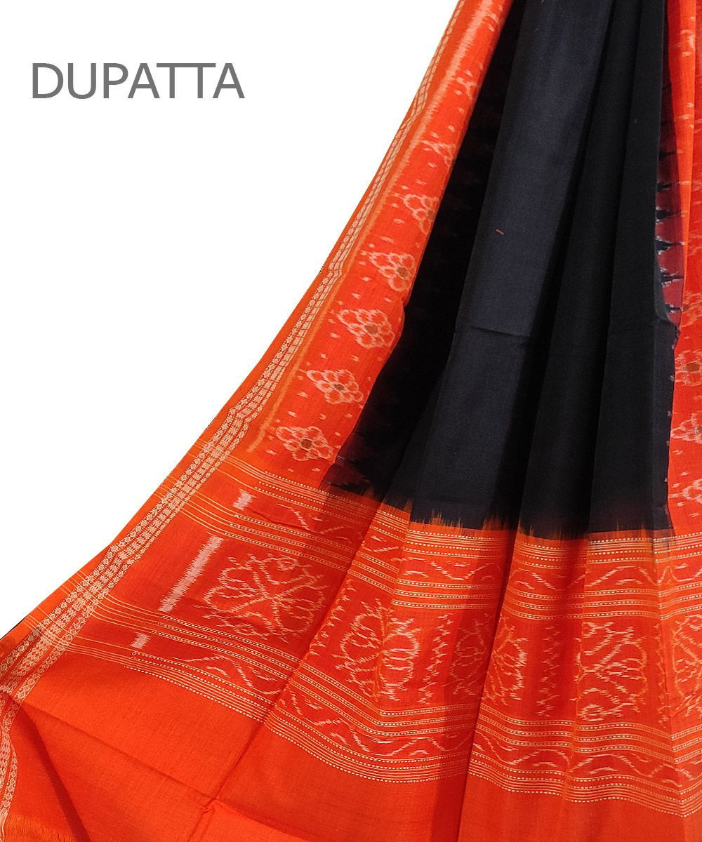 Black Orange Sambalpuri Handwoven Single Ikat Cotton Dupatta