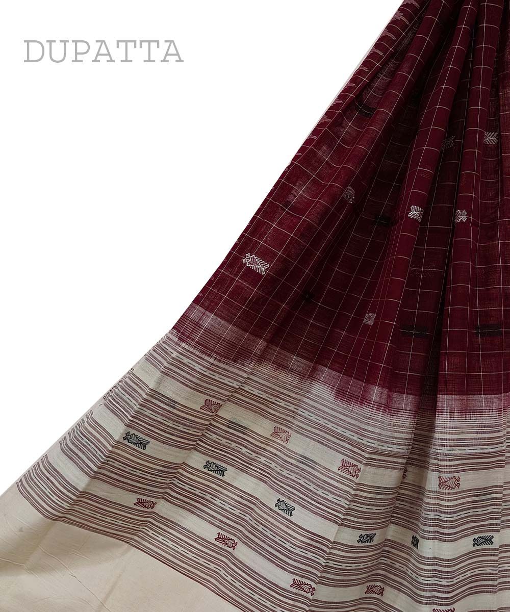 Maroon White Sambalpuri Handwoven Hath Kumbha with Fish Buti Cotton Dupatta