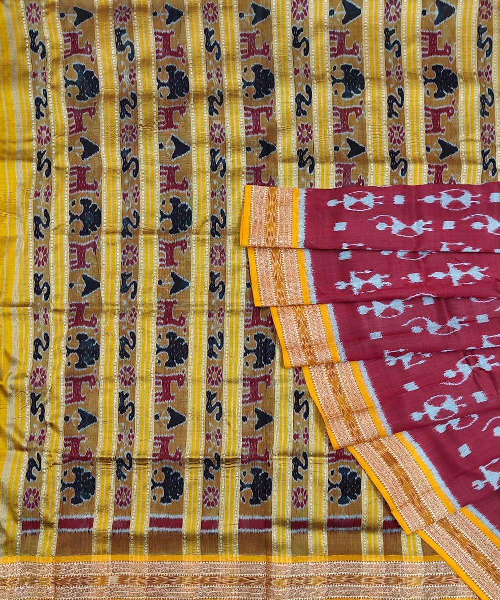 Maroon Yellow Handwoven Khandua Silk Saree