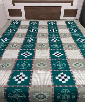 Offwhite Green Sambalpuri Handwoven Cotton Double Bed Sheet